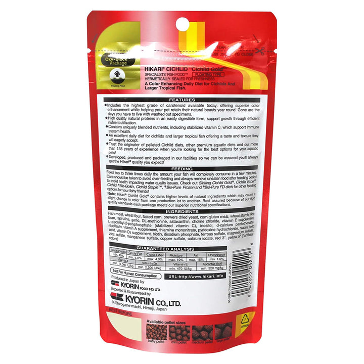 Back of Hikari Cichlid Gold package – ingredients, feeding instructions, and nutritional analysis for color-enhancing cichlid food.