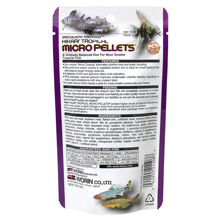 Back of Hikari Micro Pellets package – ingredients, feeding guidelines, and nutritional information for small tropical fish.