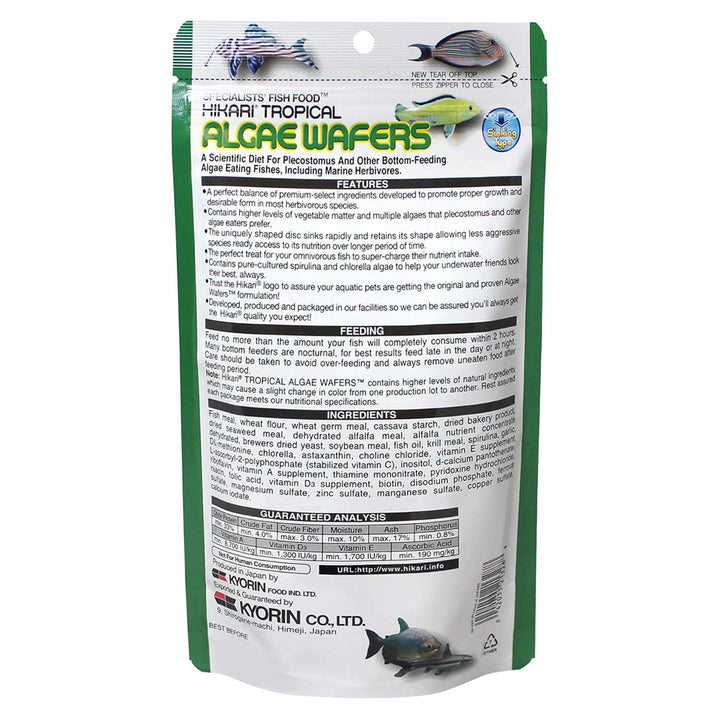 Back of Hikari Algae Wafers package – ingredients, feeding instructions, and nutritional analysis for algae-eating fish.